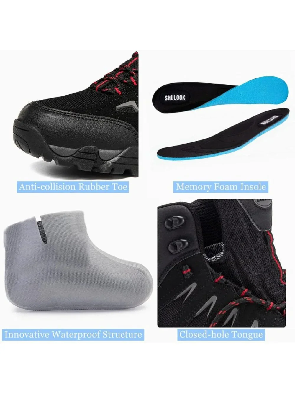 Men's Black Red Waterproof Shoes Casual Mid Top Round Toe Non Slip Hiking Boots